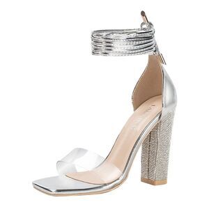 Silver High Heels Sandals with Rhinestone Block Heel & Strappy Adjustable Square